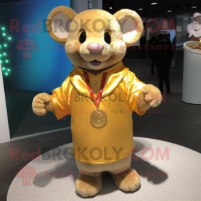 Gold Mouse mascot costume character dressed with a Henley Shirt and Necklaces