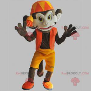 Mascotte de singe marron avec une tenue orange. Mascotte d'Abu