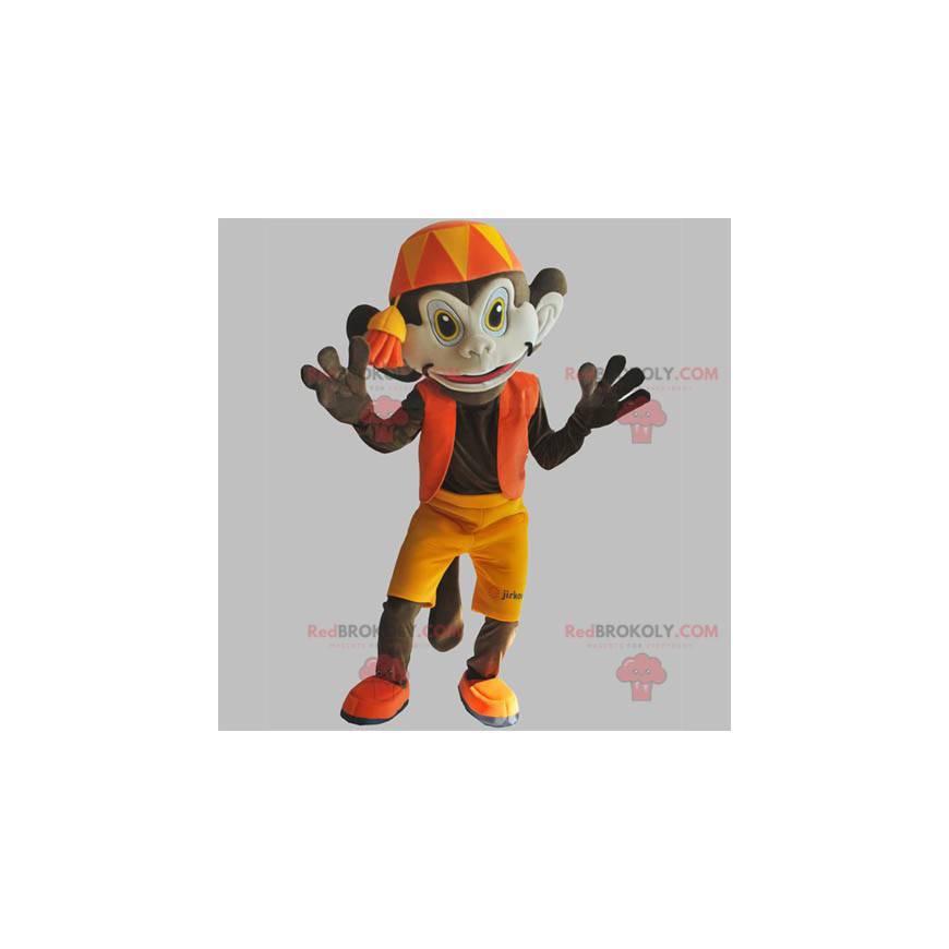 Brown monkey mascot with an orange outfit. Abu mascot -