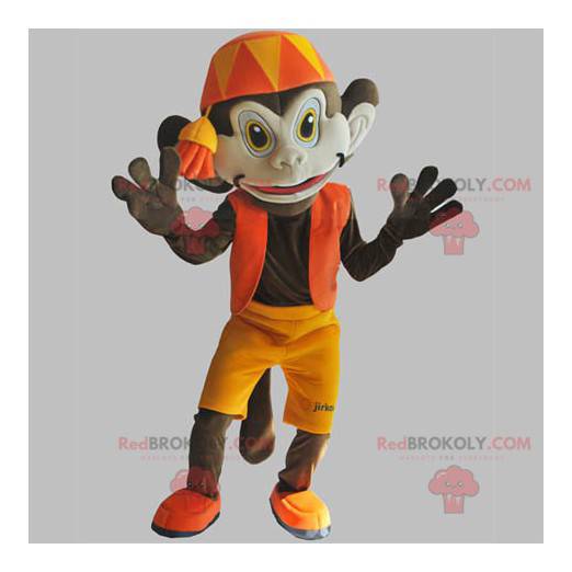 Maskot hnědá opice s oranžovým oblečením. Abu maskot -