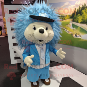 Sky Blue Porcupine mascot costume character dressed with a Dress Shirt and Hats