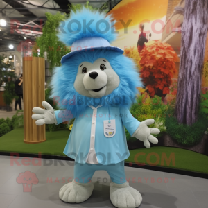 Sky Blue Porcupine mascot costume character dressed with a Dress Shirt and Hats