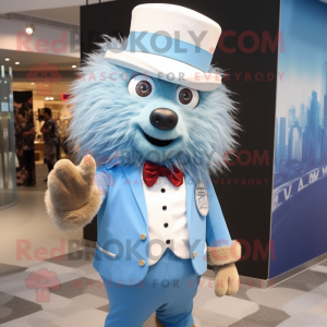Sky Blue Porcupine mascot costume character dressed with a Dress Shirt and Hats