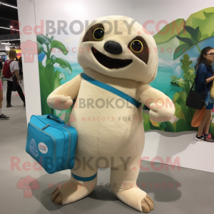Cream Sloth mascot costume character dressed with a Jeggings and Messenger bags