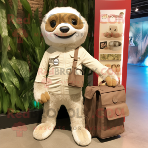 Cream Sloth mascot costume character dressed with a Jeggings and Messenger bags