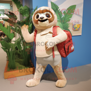 Cream Sloth mascot costume character dressed with a Jeggings and Messenger bags