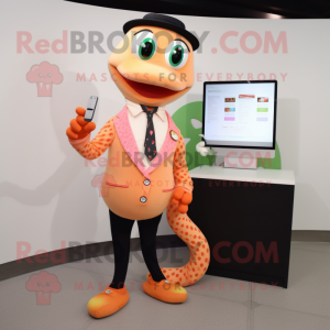 Peach Snake mascot costume character dressed with a Suit Pants and Smartwatches