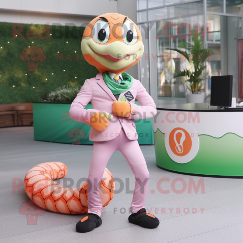 Peach Snake mascot costume character dressed with a Suit Pants and Smartwatches