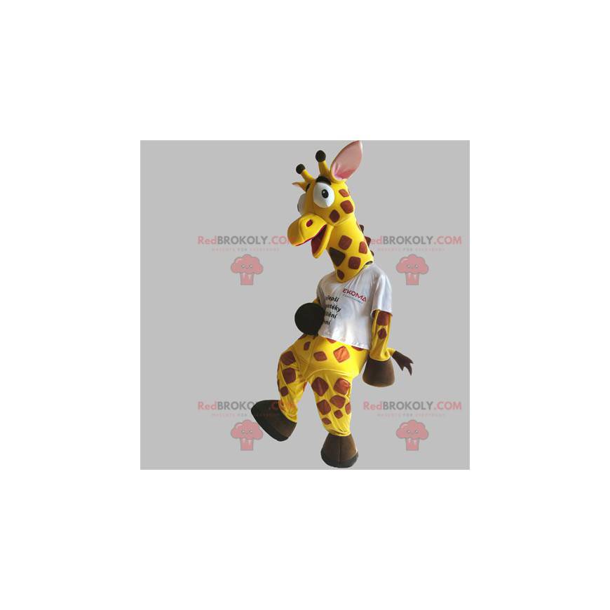 Gigante e divertente mascotte giraffa gialla e marrone -