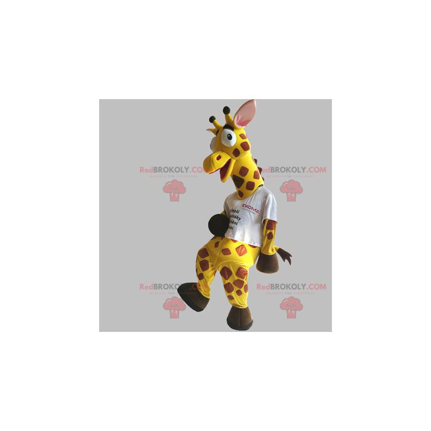 Mascotte de girafe jaune et marron géante et rigolote -