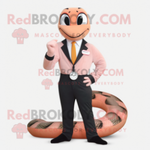 Peach Snake mascot costume character dressed with a Suit Pants and Smartwatches