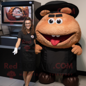 Black Pulled Pork Sandwich mascot costume character dressed with a Blouse and Watches