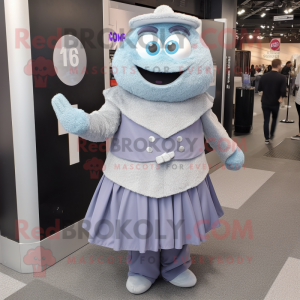 Gray Ice mascot costume character dressed with a A-Line Skirt and Lapel pins