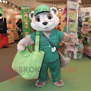 Forest Green Ferret mascot costume character dressed with a Button-Up Shirt and Tote bags