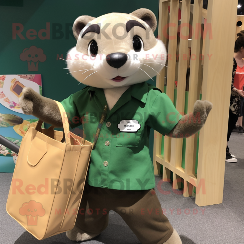 Forest Green Ferret mascot costume character dressed with a Button-Up Shirt and Tote bags