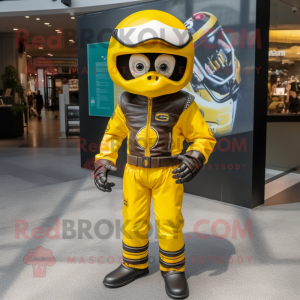 Yellow American Football Helmet mascot costume character dressed with a Moto Jacket and Berets