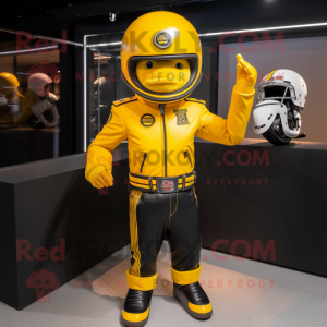 Yellow American Football Helmet mascot costume character dressed with a Moto Jacket and Berets