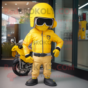 Yellow American Football Helmet mascot costume character dressed with a Moto Jacket and Berets