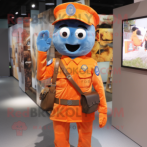 Orange Soldier mascot costume character dressed with a Denim Shorts and Messenger bags