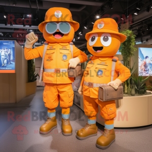 Orange Soldier mascot costume character dressed with a Denim Shorts and Messenger bags