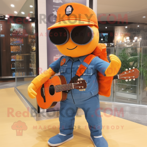 Orange Soldier mascot costume character dressed with a Denim Shorts and Messenger bags