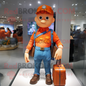 Orange Soldier mascot costume character dressed with a Denim Shorts and Messenger bags