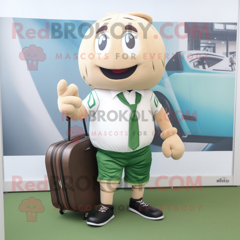 Beige Green Bean mascot costume character dressed with a Rugby Shirt and Briefcases Beige Green Bean mascot costume character dressed with a Rugby Shirt and Briefcases