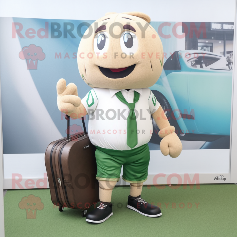 Beige Green Bean mascot costume character dressed with a Rugby Shirt and Briefcases