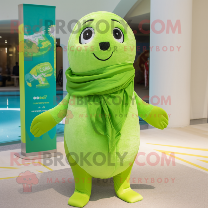 Lime Green Seal mascot costume character dressed with a One-Piece Swimsuit and Scarves