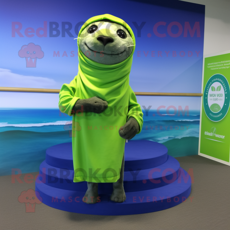 Lime Green Seal mascot costume character dressed with a One-Piece Swimsuit and Scarves