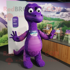 Purple Loch Ness Monster mascot costume character dressed with a Turtleneck and Bracelets