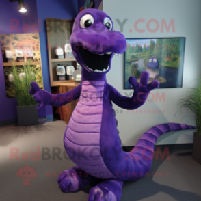 Purple Loch Ness Monster mascot costume character dressed with a Turtleneck and Bracelets