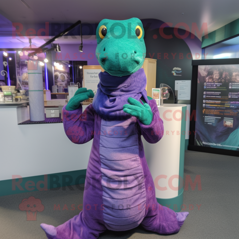 Purple Loch Ness Monster mascot costume character dressed with a Turtleneck and Bracelets