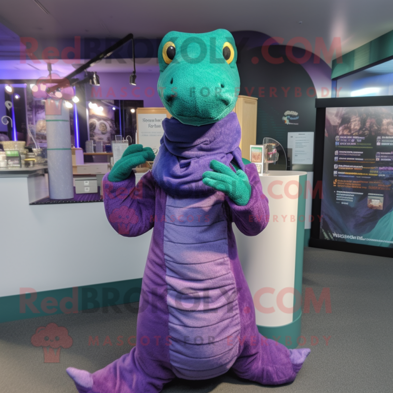 Purple Loch Ness Monster mascot costume character dressed with a Turtleneck and Bracelets Purple Loch Ness Monster mascot costume character dressed with a Turtleneck and Bracelets