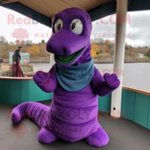 Purple Loch Ness Monster mascot costume character dressed with a Turtleneck and Bracelets