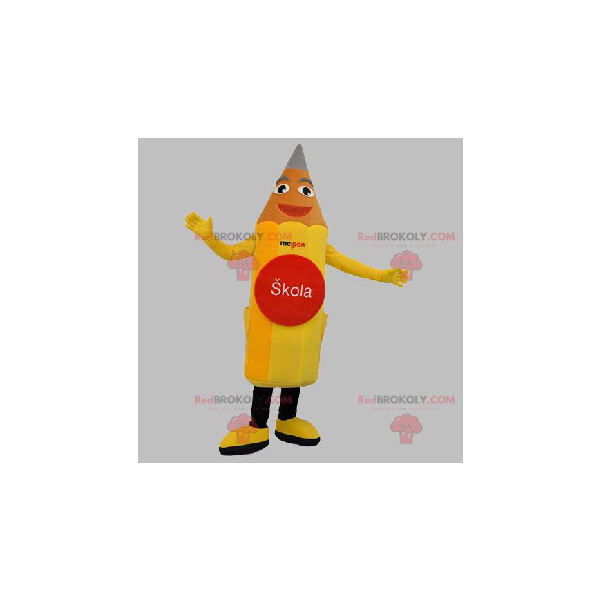 Mascote gigante e sorridente de lápis amarelo - Redbrokoly.com