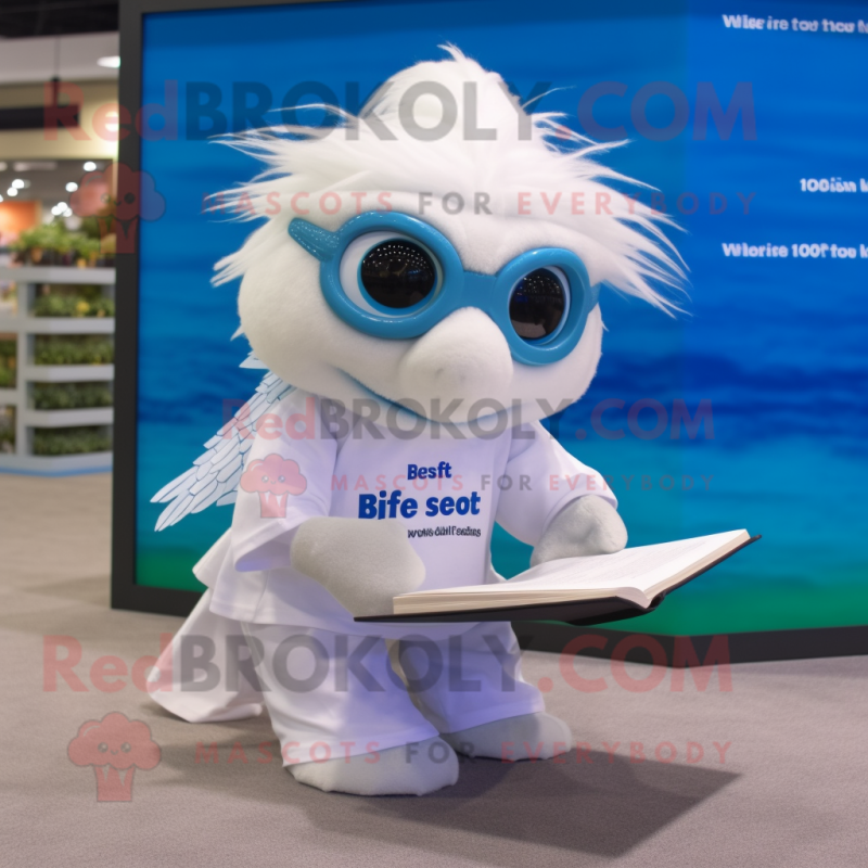 White Betta Fish mascot costume character dressed with a T-Shirt and Reading glasses