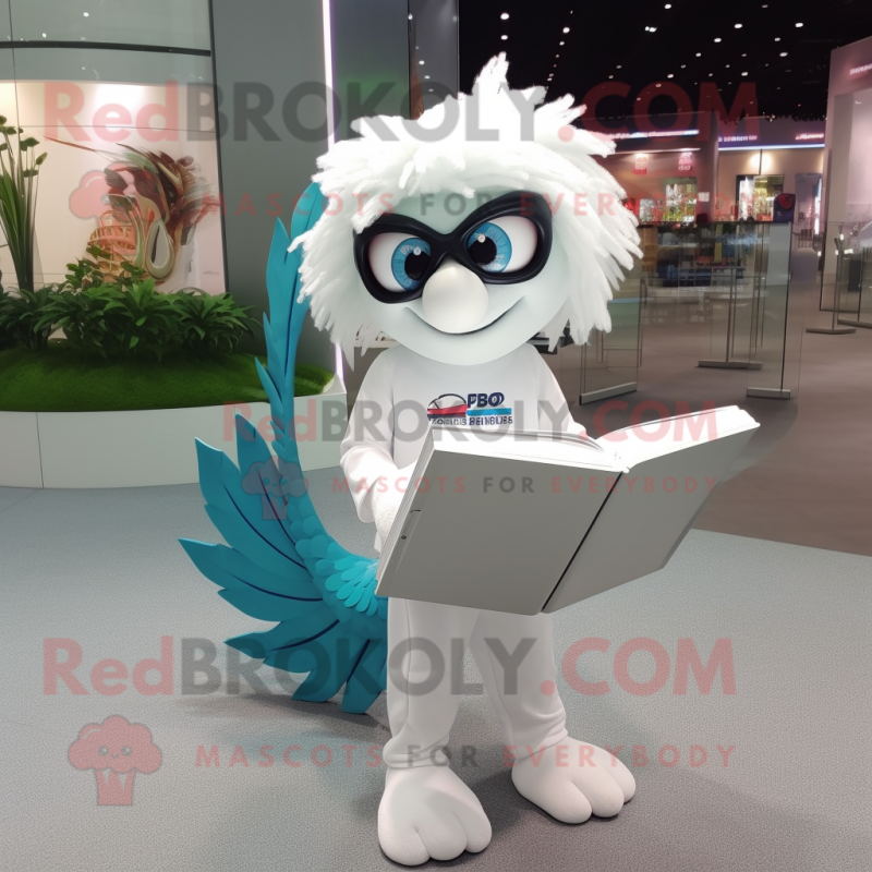 White Betta Fish mascot costume character dressed with a T-Shirt and Reading glasses