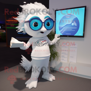 White Betta Fish mascot costume character dressed with a T-Shirt and Reading glasses