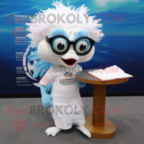 White Betta Fish mascot costume character dressed with a T-Shirt and Reading glasses