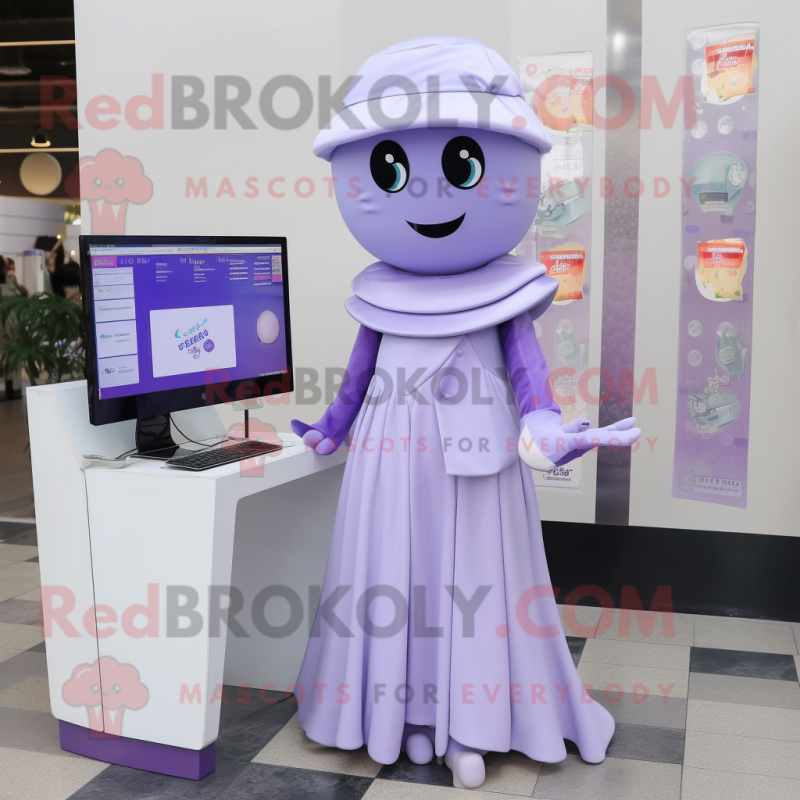 Lavender Computer mascot costume character dressed with a Wrap Dress and Lapel pins Lavender Computer mascot costume character dressed with a Wrap Dress and Lapel pins