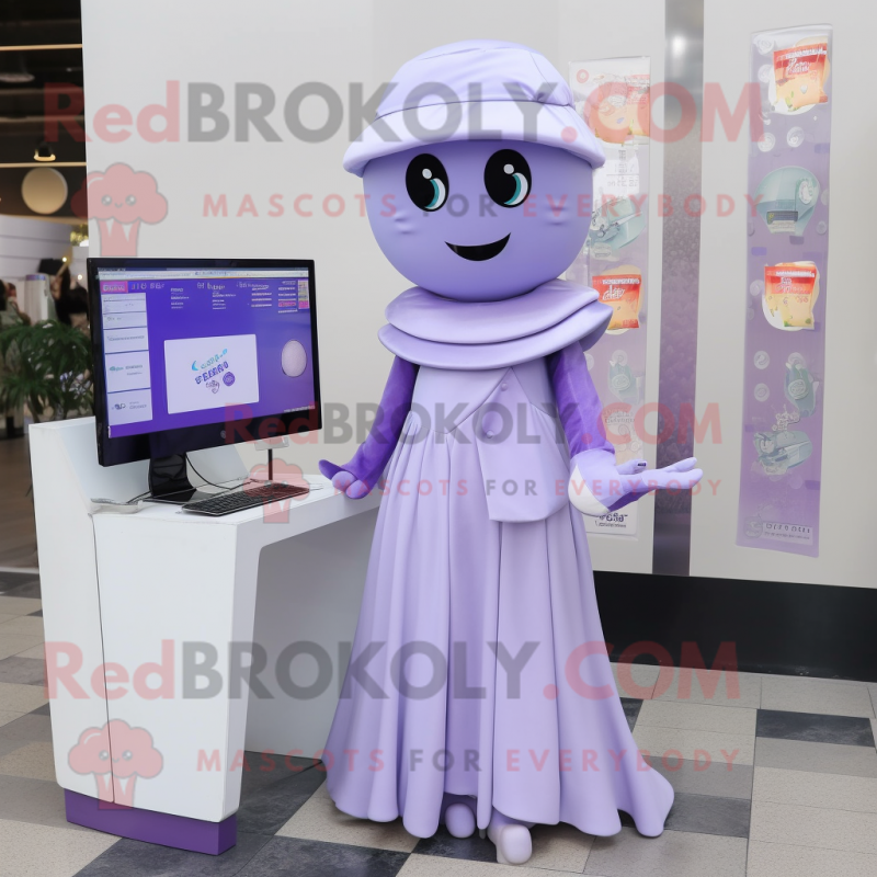 Lavender Computer mascot costume character dressed with a Wrap Dress and Lapel pins