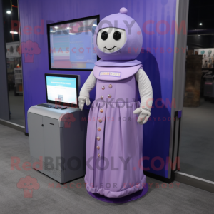 Lavender Computer mascot costume character dressed with a Wrap Dress and Lapel pins