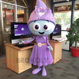 Lavender Computer mascot costume character dressed with a Wrap Dress and Lapel pins