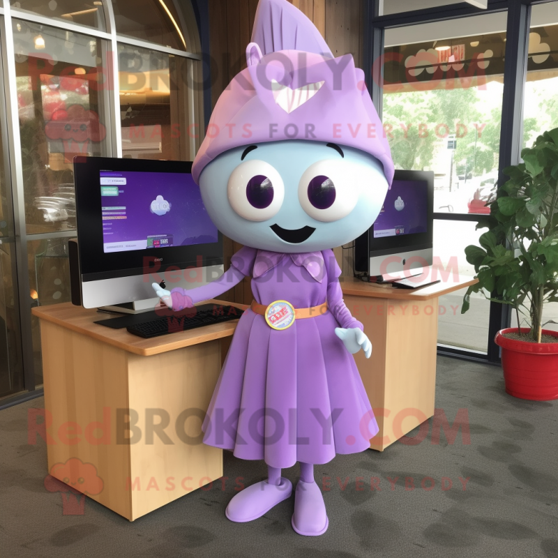 Lavender Computer mascot costume character dressed with a Wrap Dress and Lapel pins Lavender Computer mascot costume character dressed with a Wrap Dress and Lapel pins