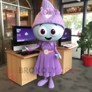 Lavender Computer mascot costume character dressed with a Wrap Dress and Lapel pins