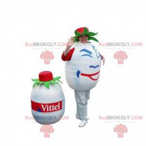 Mascotte de bouteille d'eau blanche et ronde. Mascotte Volvic -