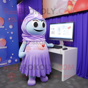 Lavender Computer mascot costume character dressed with a Wrap Dress and Lapel pins