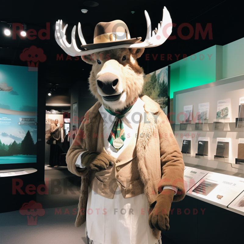 Cream Irish Elk mascot costume character dressed with a Waistcoat and Hat pins Cream Irish Elk mascot costume character dressed with a Waistcoat and Hat pins