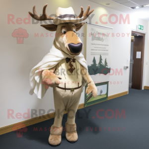 Cream Irish Elk mascot costume character dressed with a Waistcoat and Hat pins